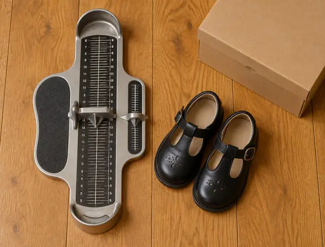 Medidor de pie junto a zapatos infantiles y una caja