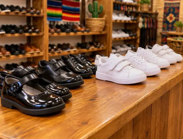 Mostrador de madera con zapatos escolares negros y tennis blancos