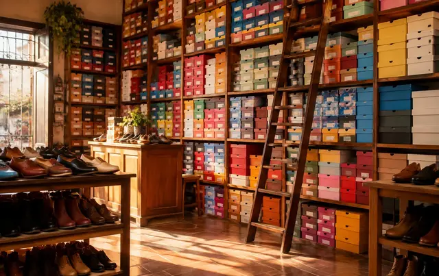 Pared de cajas de zapatos de colores en una zapatería tradicional