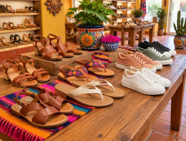 Mesa con sandalias de dama, chanclas y tennis casuales