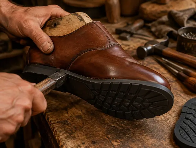 Zapato de piel sobre una horma mientras se le coloca una suela nueva